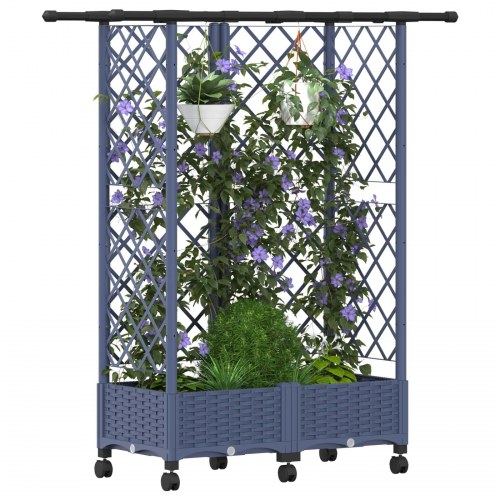 Hævet bed med trellis og tag - grå PP, 124 × 40 × 127 cm, på hjul