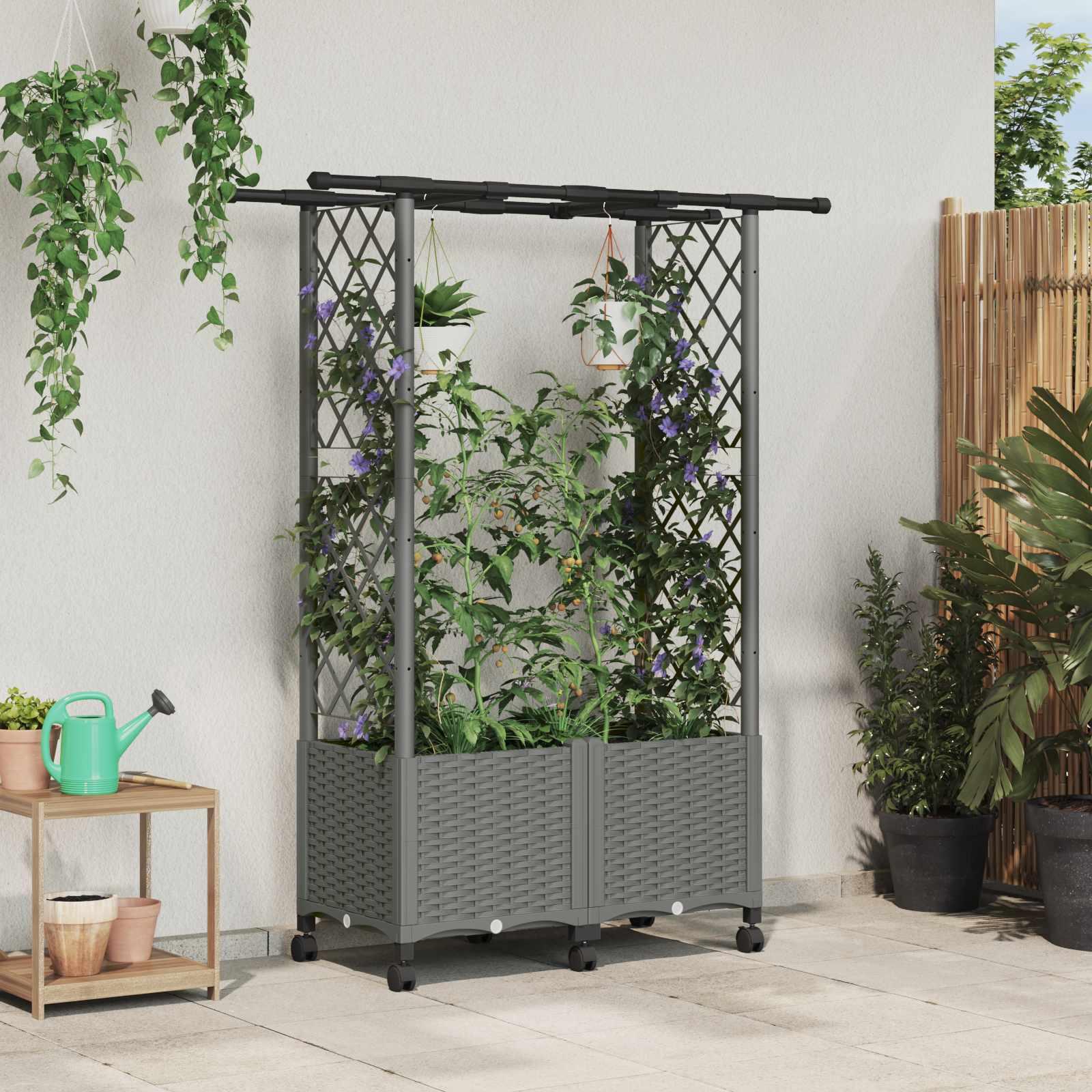 Hævet bed med trellis og tag - lysegrå 124,5 × 40 × 142 cm PP billede