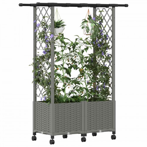 Hævet bed med trellis og tag - lysegrå 124,5 × 40 × 142 cm PP