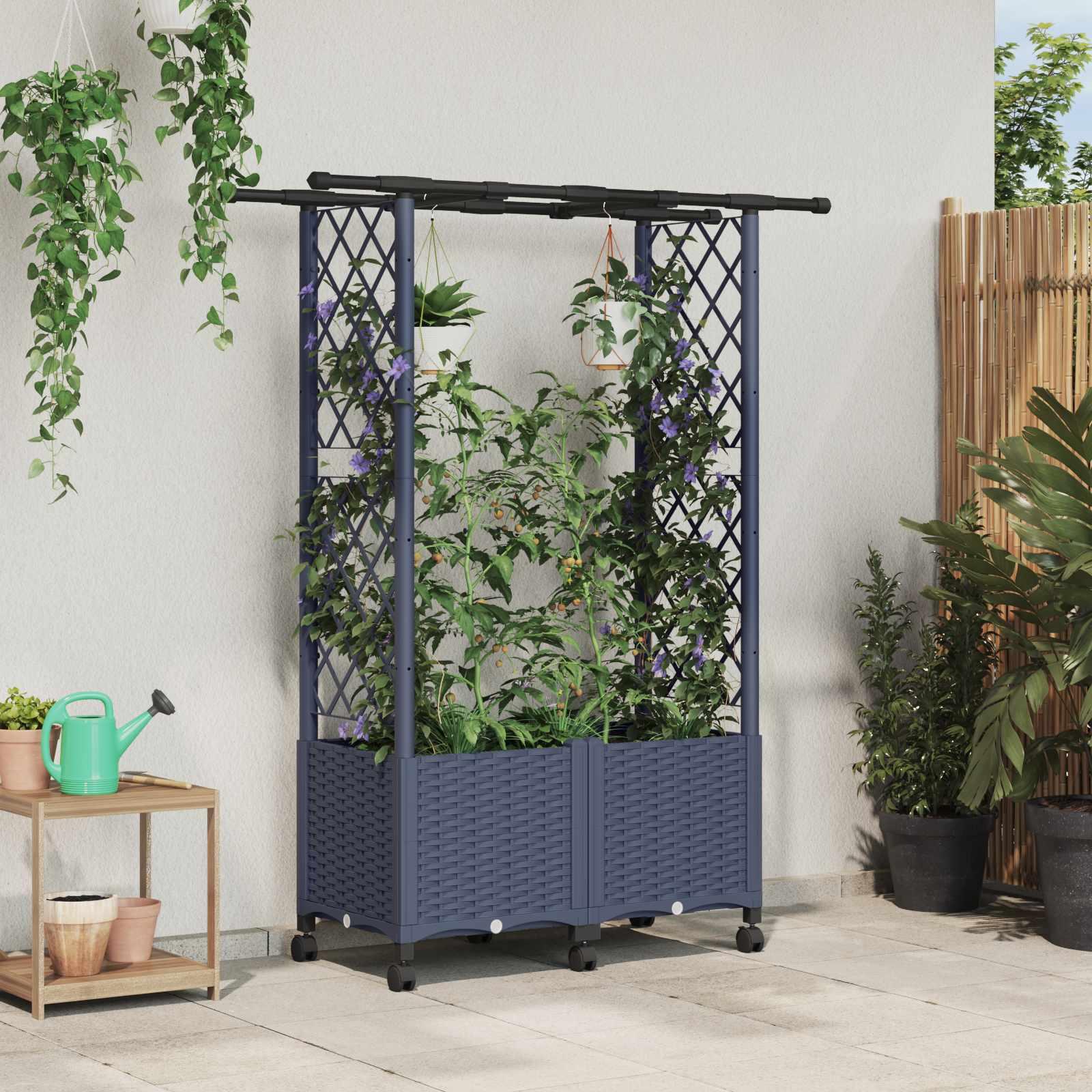 Hævet bed med trellis og tag - grå 124,5 × 40 × 142 cm, PP billede