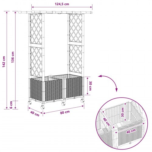 Hævet bed med trellis og tag - sort PP 124,5 × 40 × 142 cm