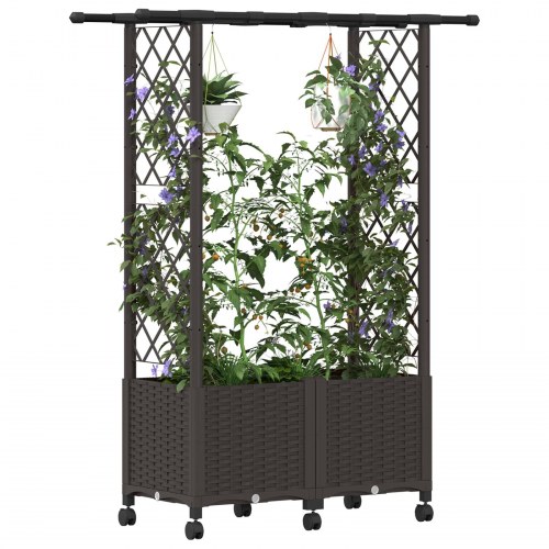 Hævet bed med trellis og tag - brun PP, 124,5 × 40 × 142 cm