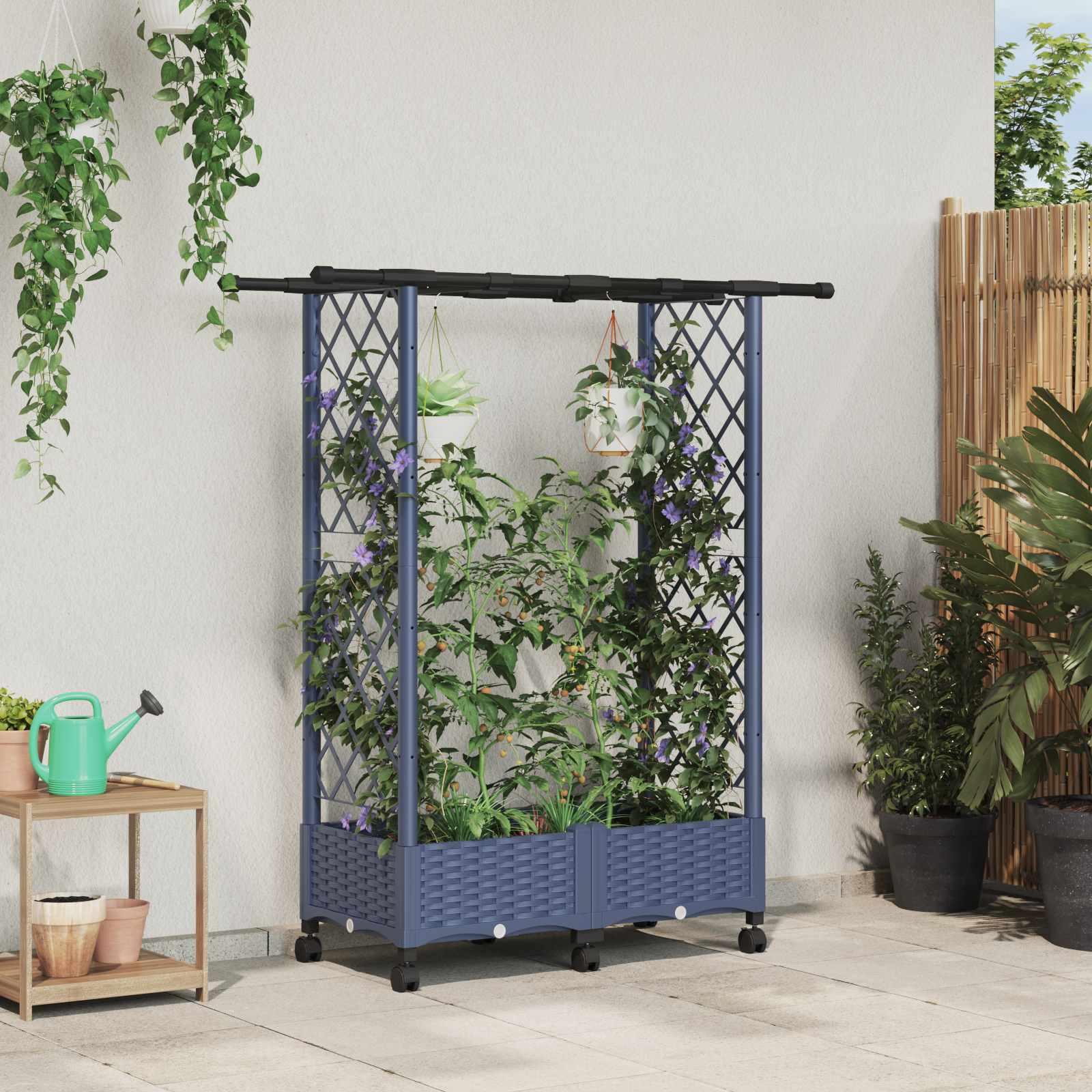 Hævet bed med trellis og tag - grå PP, 122,5 × 40 × 127 cm billede