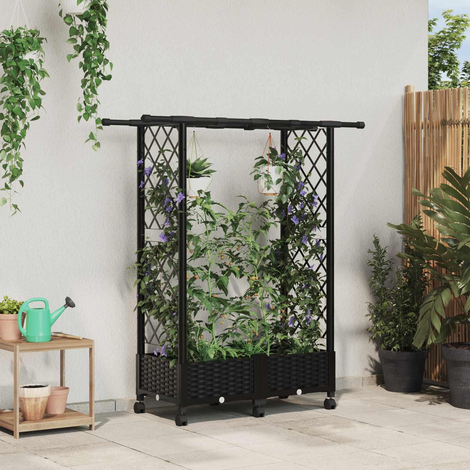 Hævet bed med trellis og tag - sort PP, 122,5 × 40 × 127 cm billede