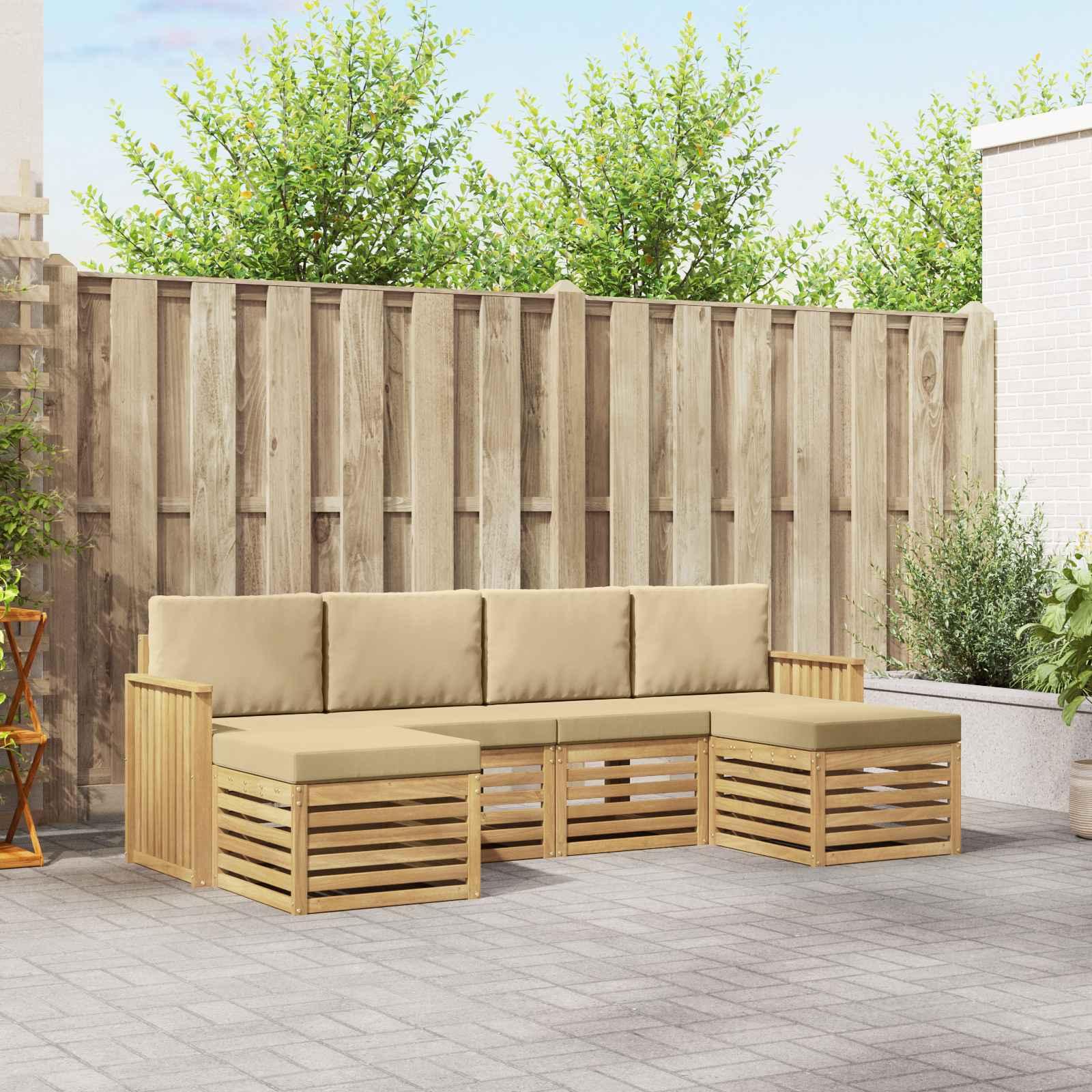Udendørs sofagruppe i akacietræ - 6-pers. modulsofa, hvid/beige, 249 × 122,5 × 73 cm billede