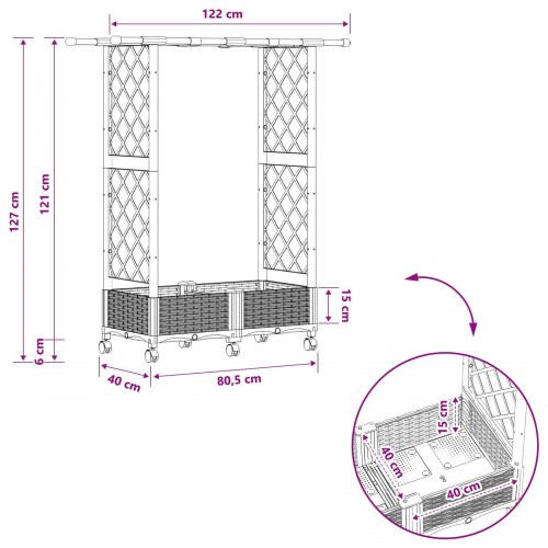 Hævet bed med trellis og tag - brun 122,5 × 40 × 127 cm (PP)