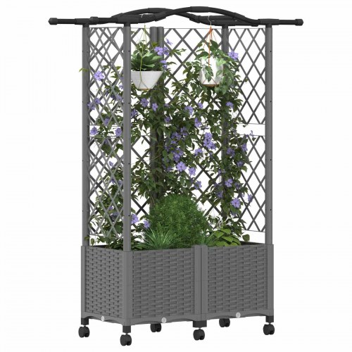 Hævet bed med trellis og tag - lysegrå PP 122 × 40 × 144 cm