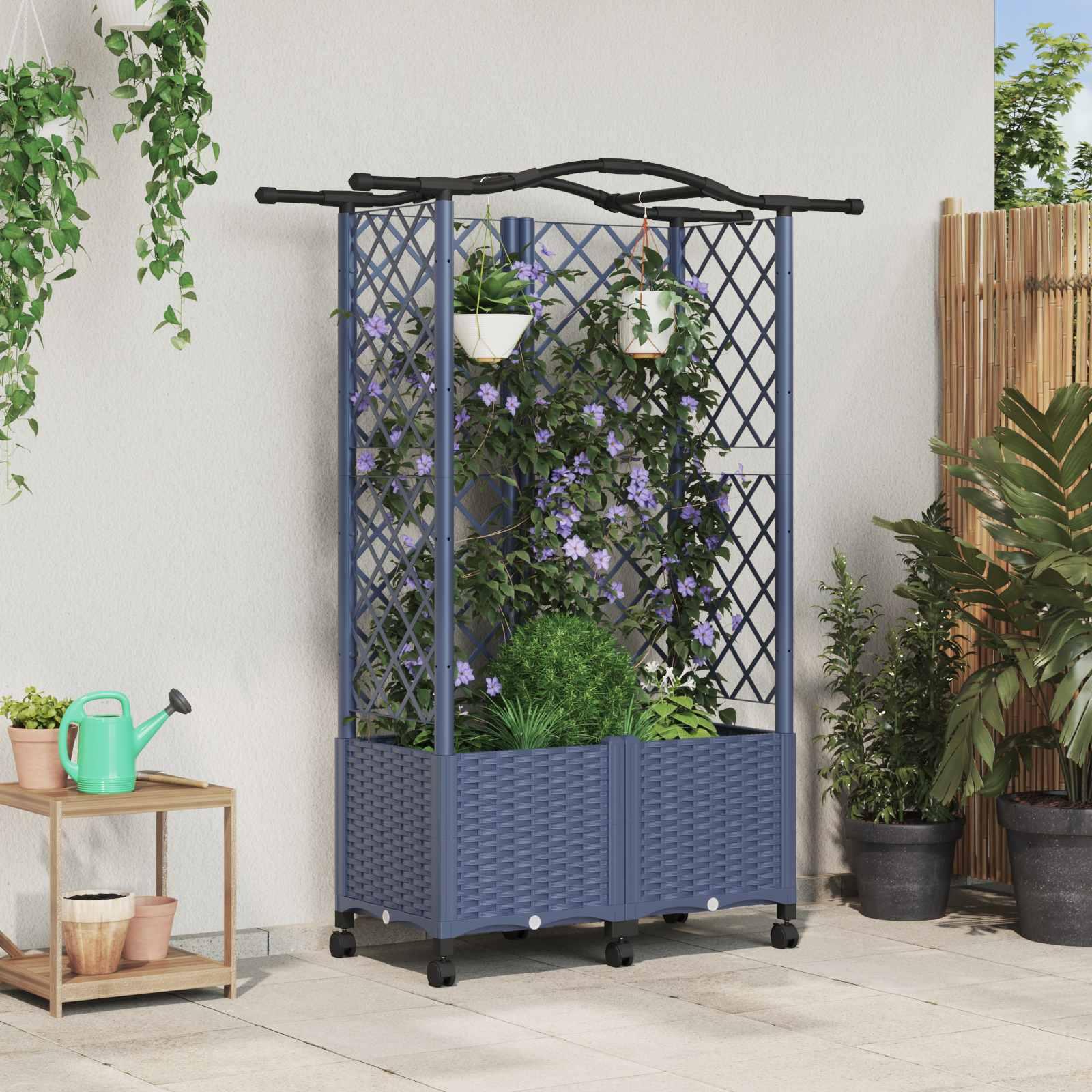 Hævet bed med trellis og tag - grå PP, 122 × 40 × 144 cm, på hjul billede