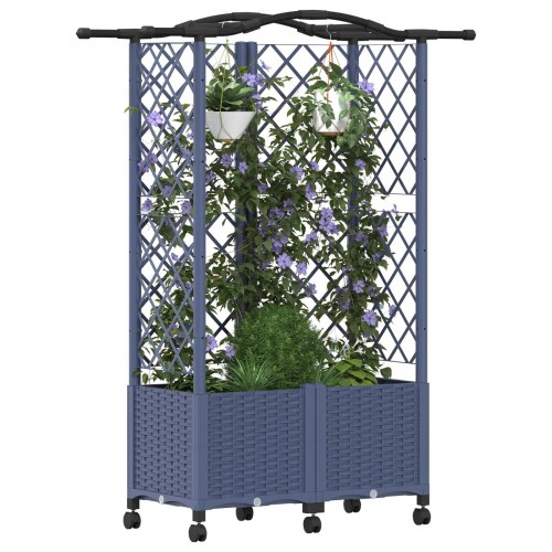 Hævet bed med trellis og tag - grå PP, 122 × 40 × 144 cm, på hjul