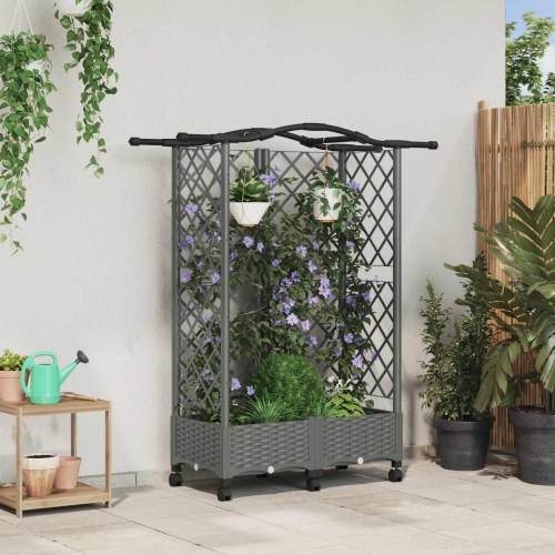 Hævet bed med trellis og tag - lysegrå 124 × 40 × 129 cm (PP)