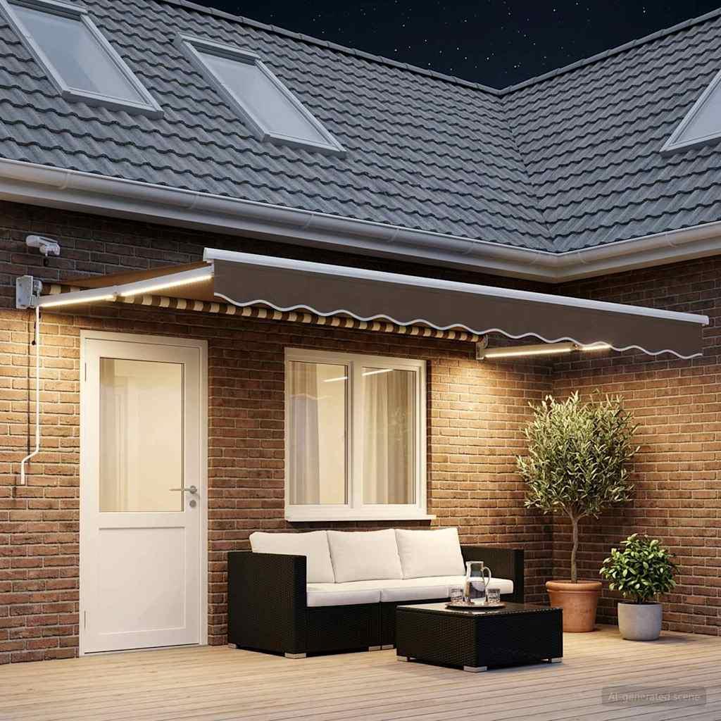 Elektrisk udtrækkelig markise med LED og vejsensor - gråbrun