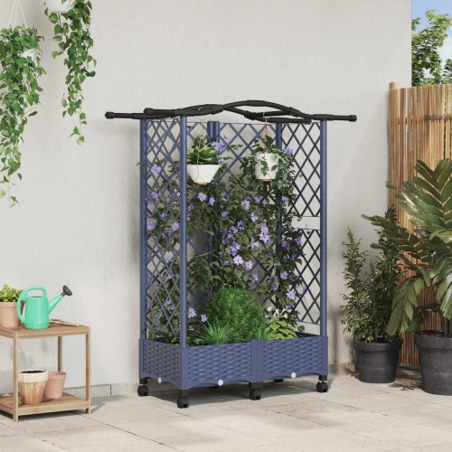 Hævet bed med trellis og tag - grå 124 × 40 × 129 cm, PP på hjul