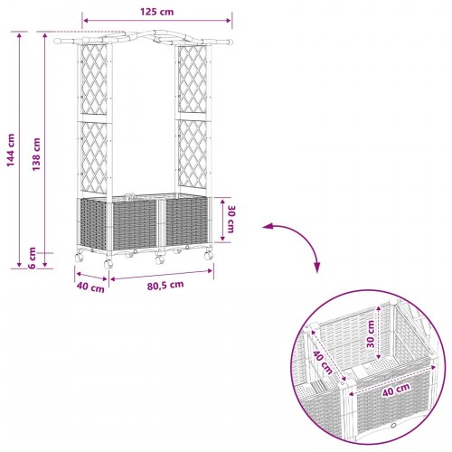 Hævet bed med trellis og tag på hjul - lysegrå 125 × 40 × 144 cm (PP)
