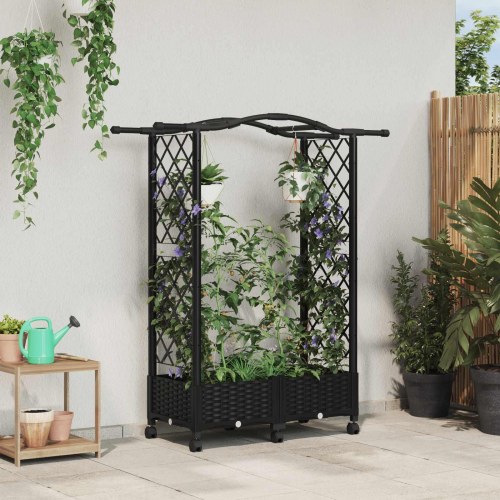 Hævet bed med trellis og tag - sort PP 124 × 40 × 129 cm på hjul
