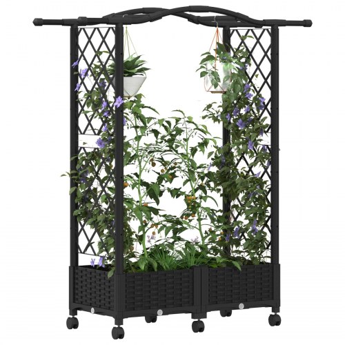 Hævet bed med trellis og tag - sort PP 124 × 40 × 129 cm på hjul