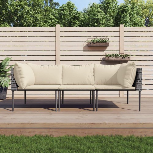Loungesæt til haven - 3 dele i grå polyrattan med beige hynder