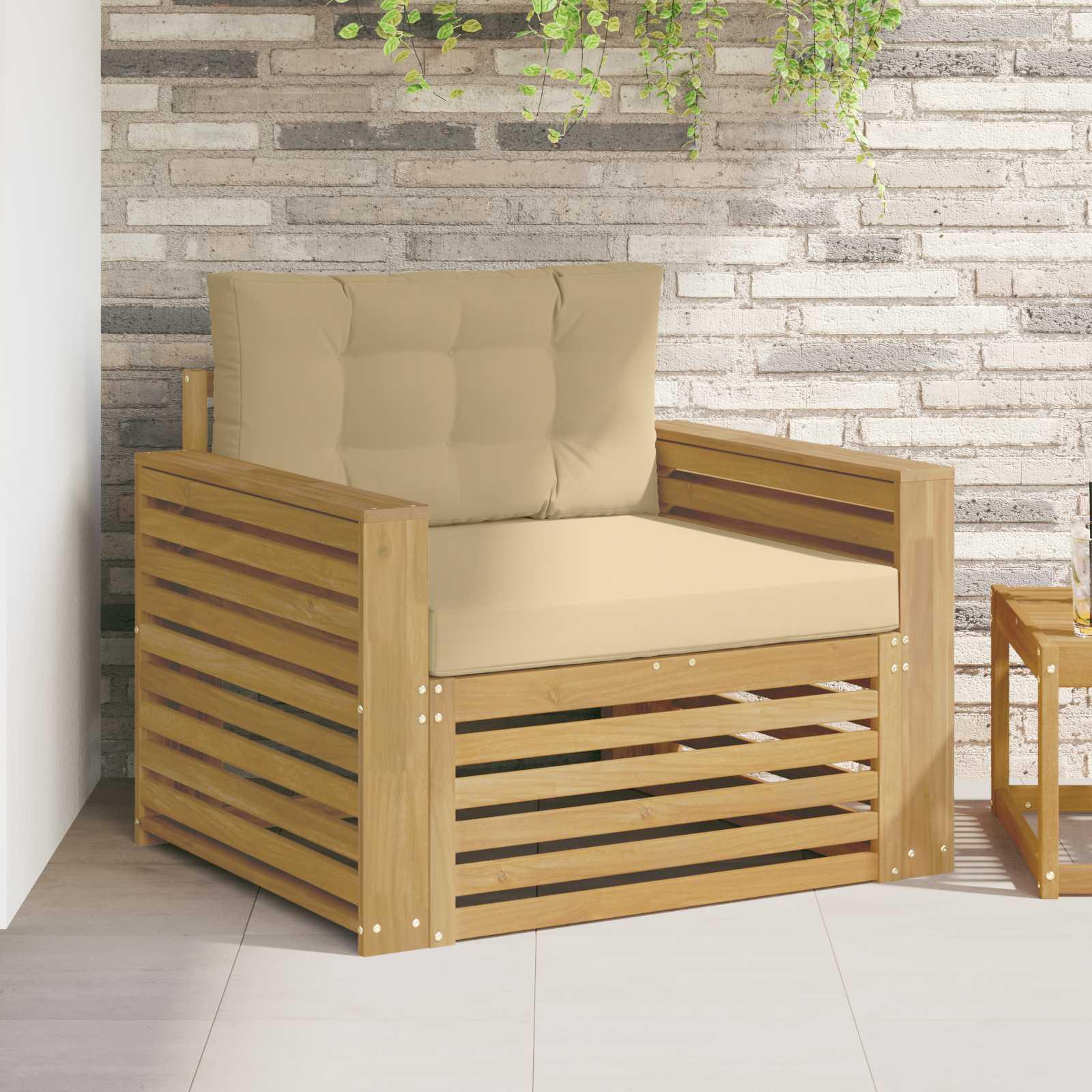 Udendørs loungesofa i massivt akacietræ - hvid/beige polyesterhynder, 1-plads