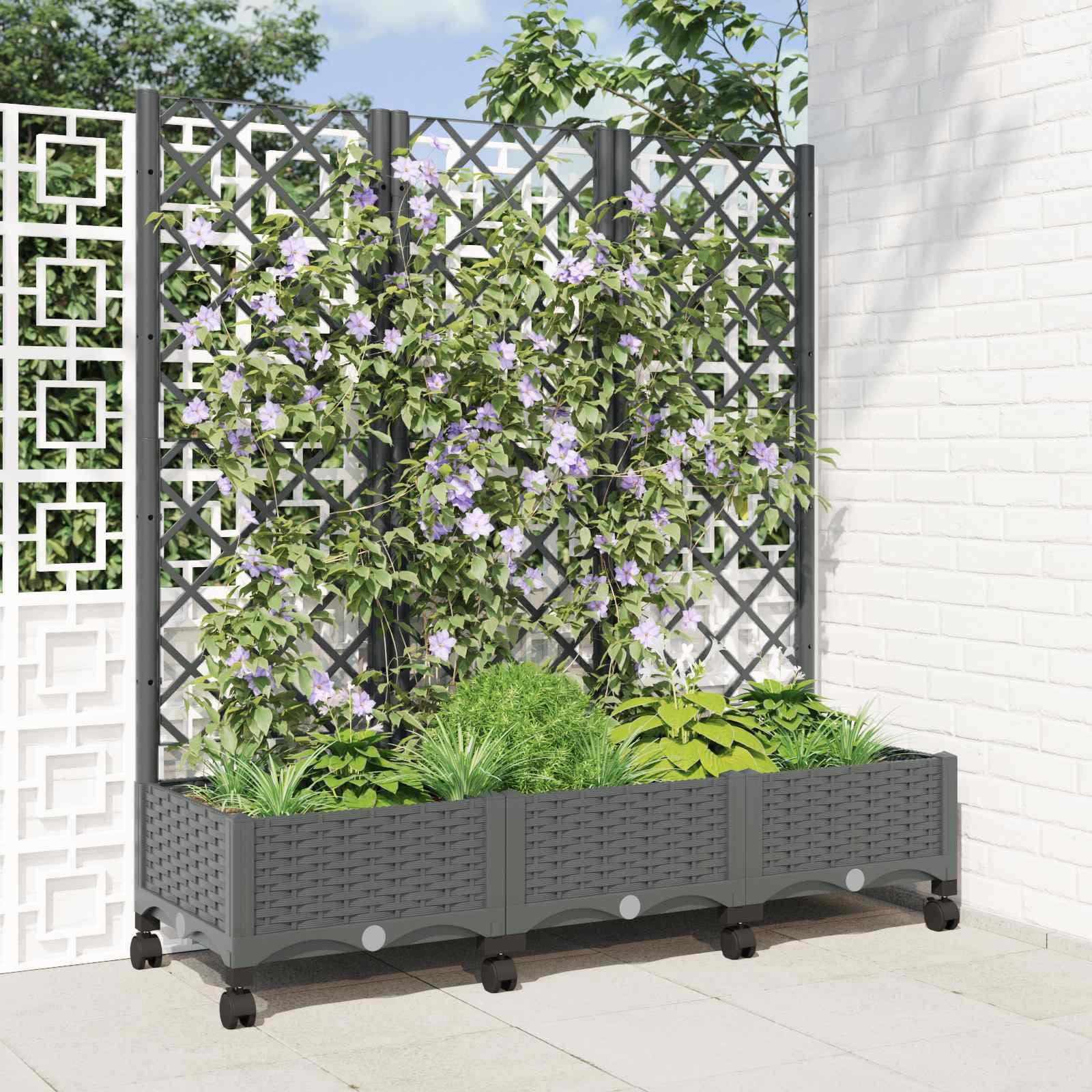 Haveplantekasse med espalier og hjul - lysegrå PP, 120×40×131,5 cm