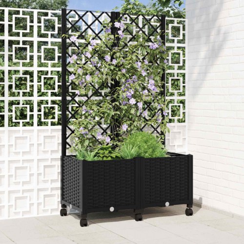 Haveplantekasse med espalier og hjul - sort PP, 80 × 40 × 146 cm