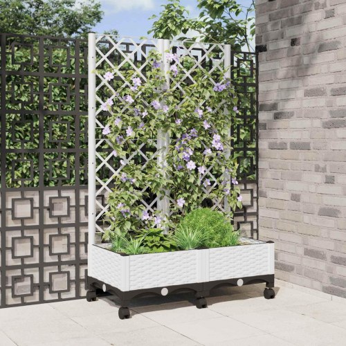 Haveplantekasse med espalier og hjul - hvid PP 80 x 40 x 131,5 cm
