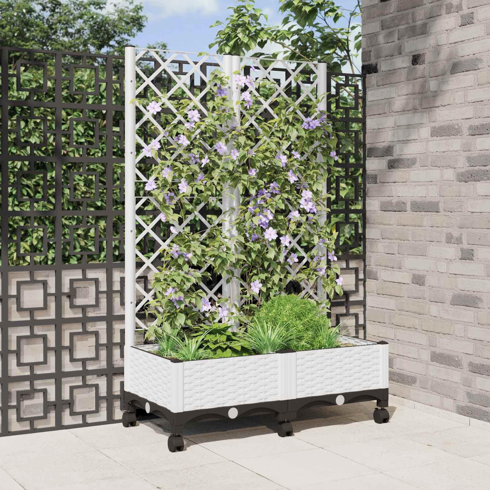 Haveplantekasse med espalier og hjul - hvid PP 80 x 40 x 131,5 cm