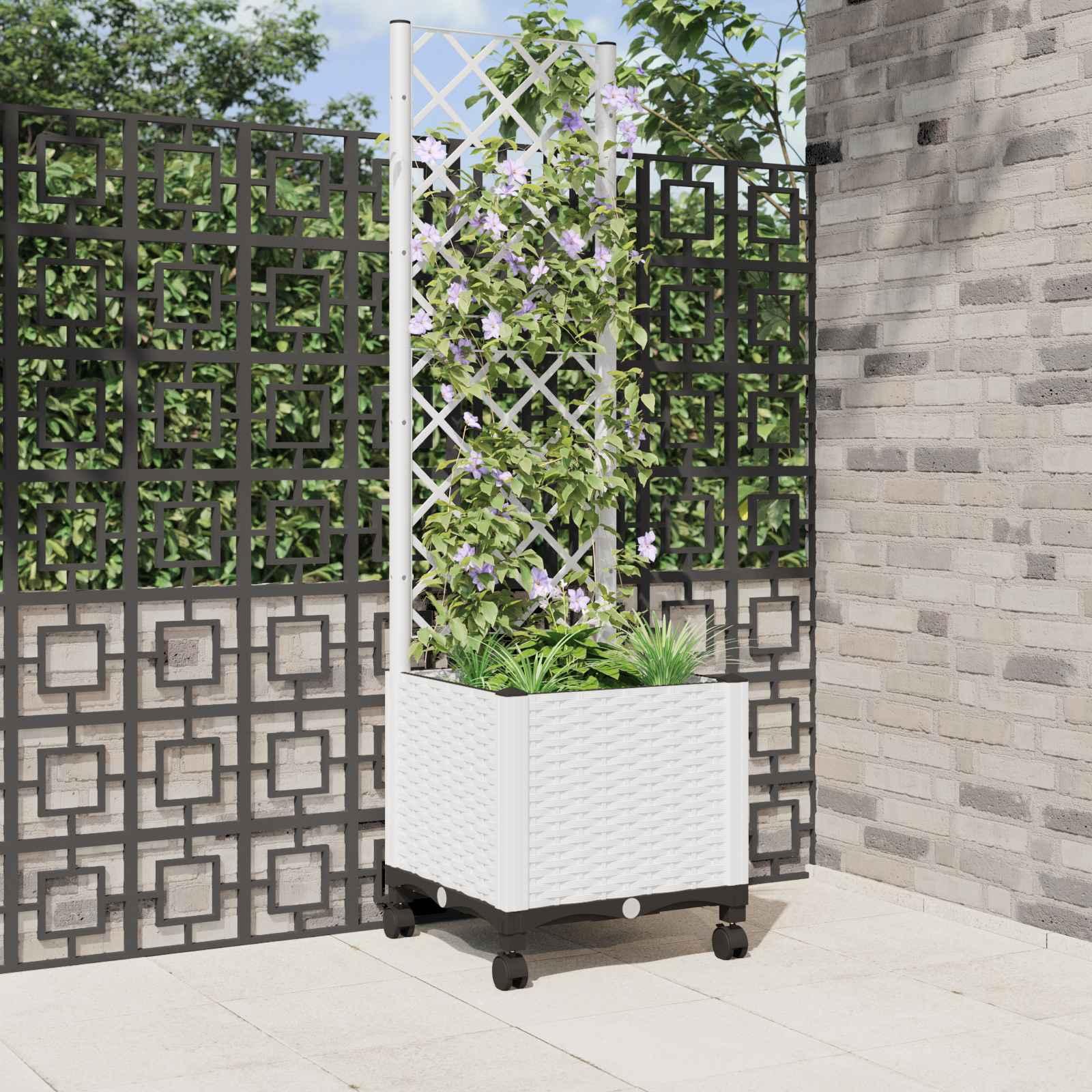 Haveplantekasse med espalier og hjul - hvid PP 40 × 40 × 146 cm