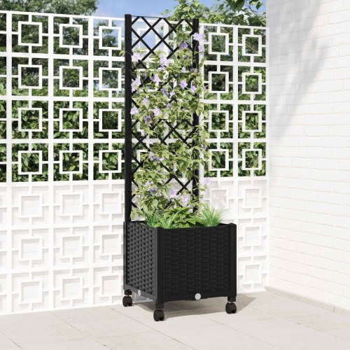 Haveplantekasse med espalier og hjul - sort PP 40 × 40 × 146 cm
