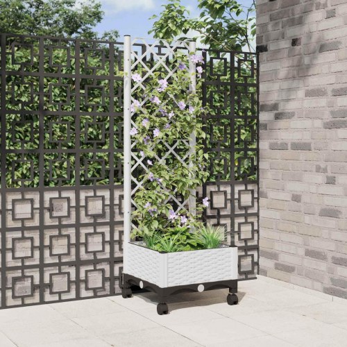Haveplantekasse med espalier og hjul - hvid PP 40 × 40 × 131,5 cm