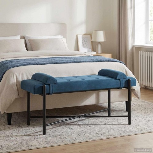 Knappet bænk med puder - velour, blå, 110 × 40 × 46 cm