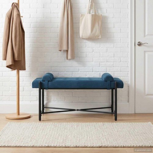 Knappet bænk med puder - velour, blå, 110 × 40 × 46 cm