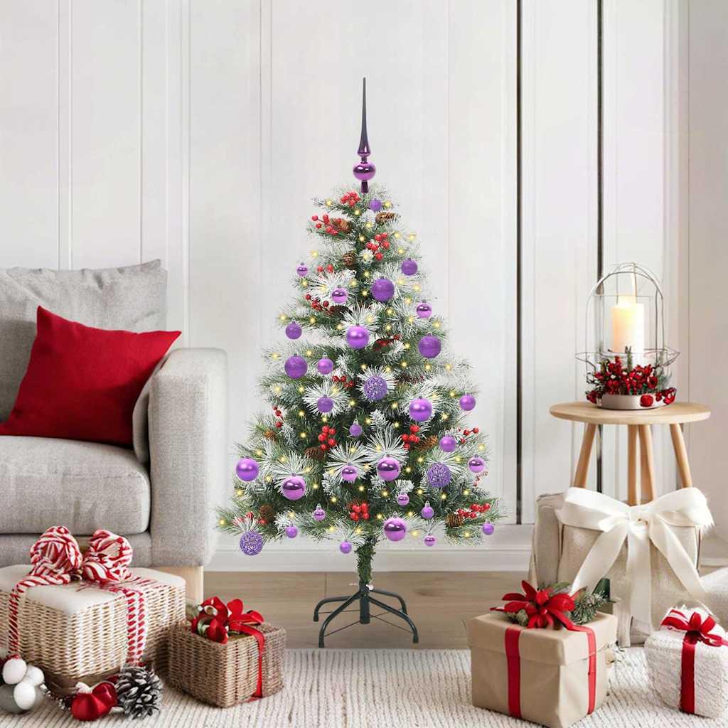 Kunstigt juletræ 120 cm - grøn/hvid med LED-lyskæde og pynt, PVC/metal/plast billede
