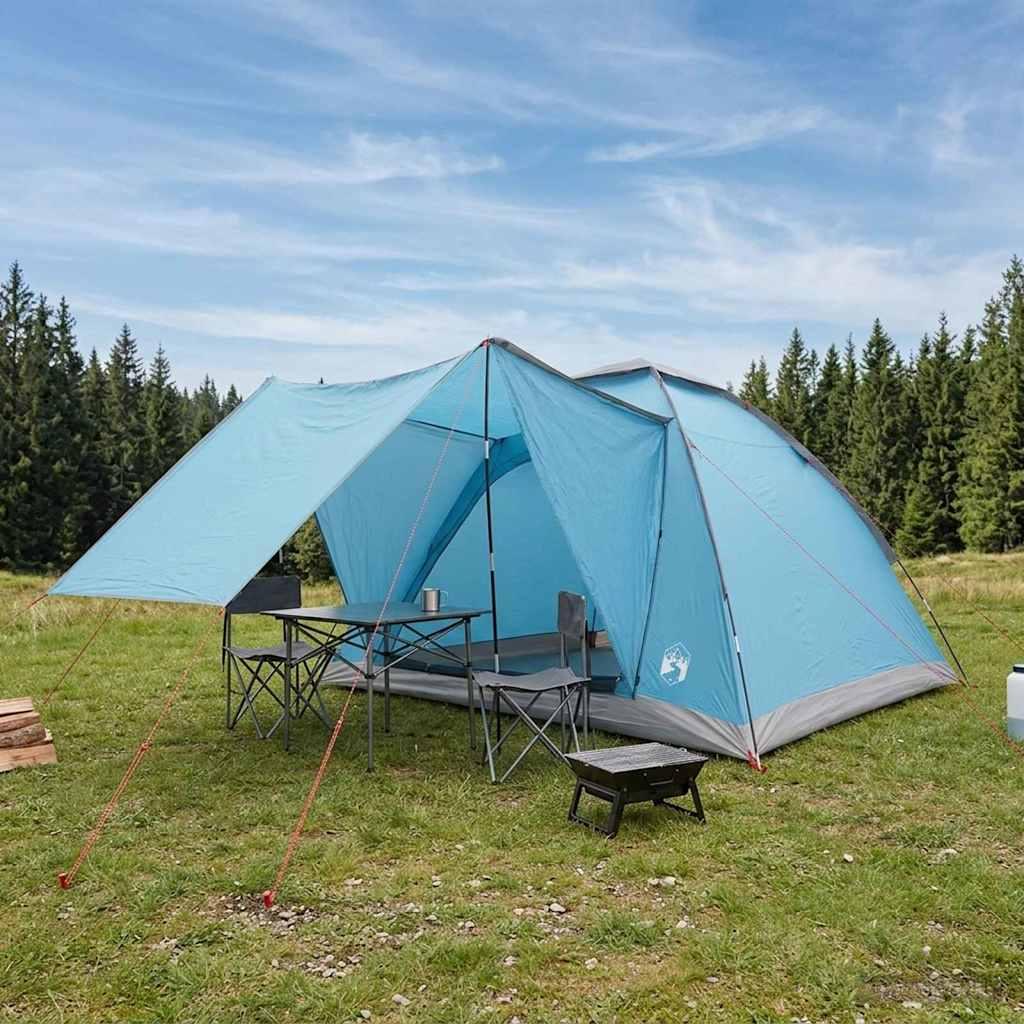 Camping telt med tag - blå 4-personers i polyester og stål billede