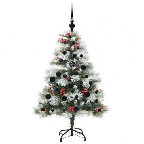 Kunstigt juletræ 120 cm - grøn/hvid med LED-lys og pynt, PVC/metal/plast