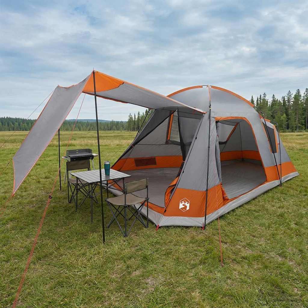 Hyttetelt med tag - grå/orange 8-personers campingtelt i polyester og stål billede