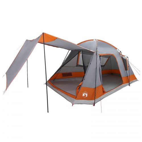 Hyttetelt med tag - grå/orange 8-personers campingtelt i polyester og stål