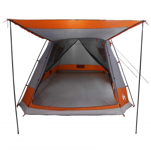 Hyttetelt med tag - grå/orange 8-personers campingtelt i polyester og stål