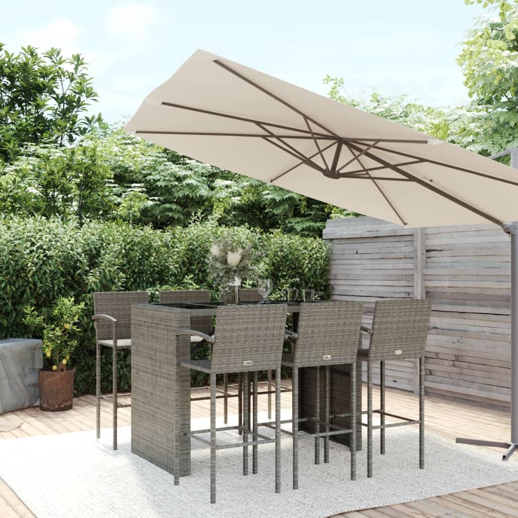Barsæt til haven 7 dele i grå polyrattan med glasbord