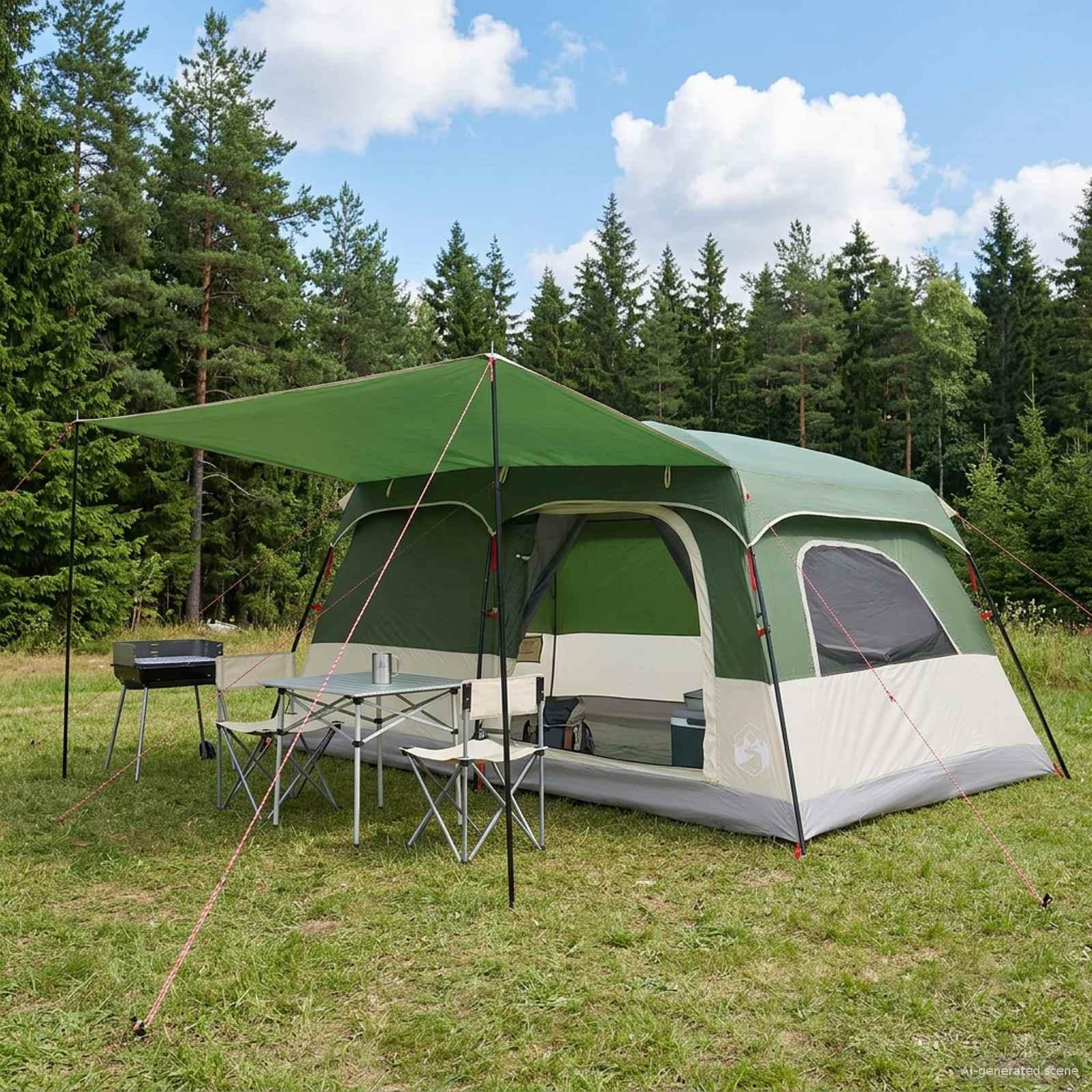 Familietelt med tag - grøn, 420 × 305 × 200 cm, polyester og stål