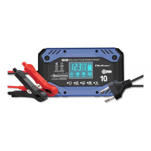 Qoltec batterioplader 12-24 V, 10 A - intelligent LCD oplader til STD/AGM/GEL/LiFePO4 med reparationsfunktion