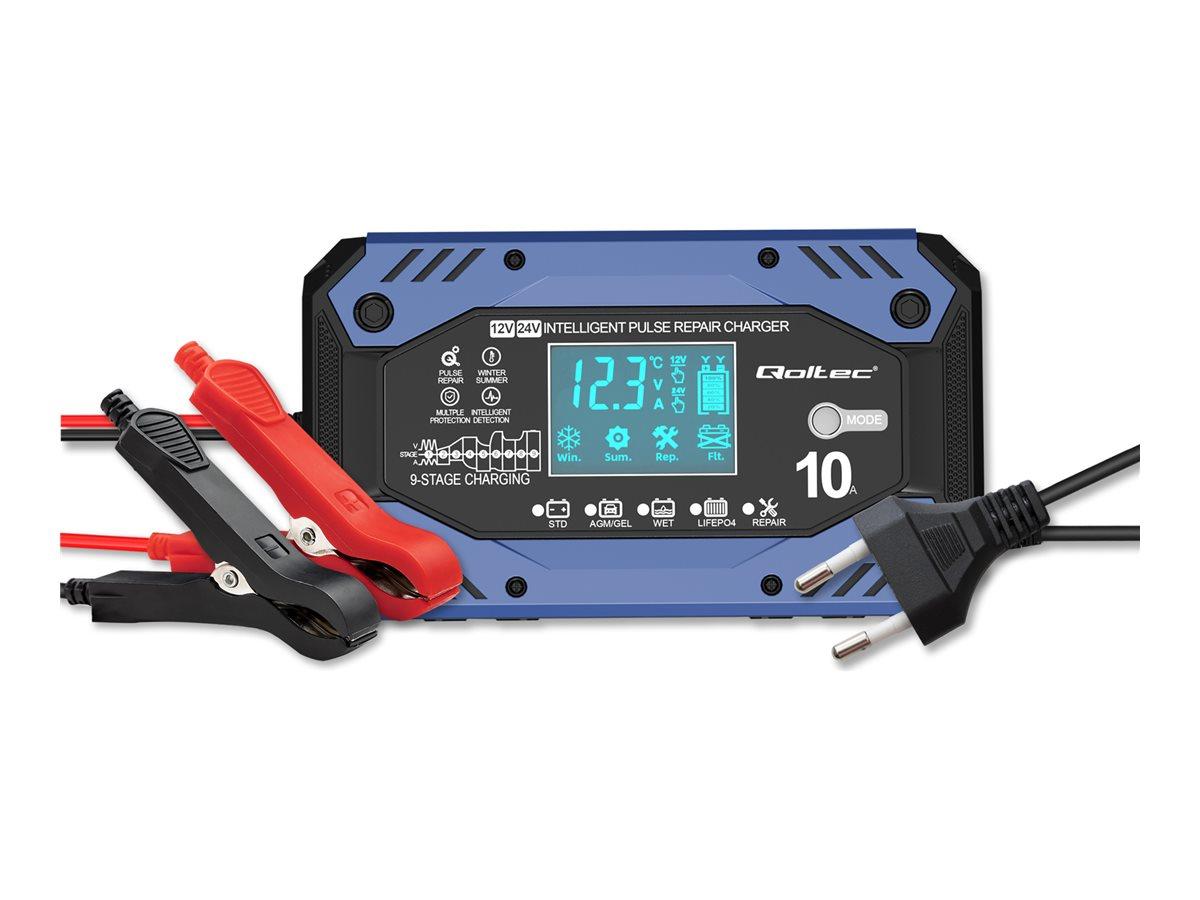 Qoltec batterioplader 12-24 V, 10 A - intelligent LCD oplader til STD/AGM/GEL/LiFePO4 med reparationsfunktion