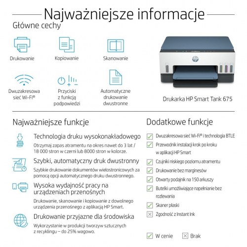 HP Smart Tank 675 all-in-one blækprinter A4 - 4.800 × 1.200 dpi, 12 ppm, Wi‑Fi