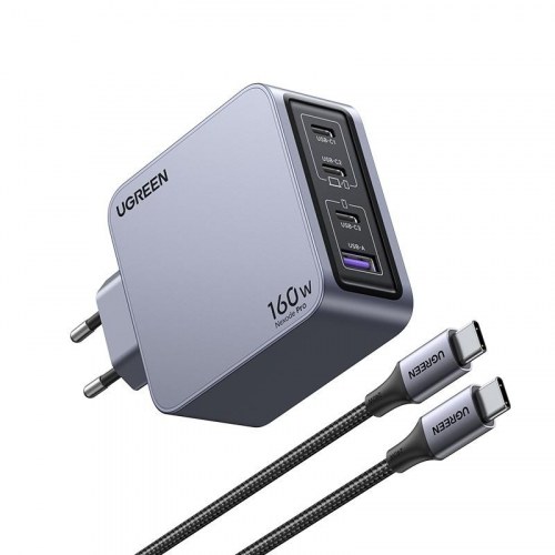 UGREEN Nexode Pro 160W GaN oplader med USB‑C kabel - sort/grå