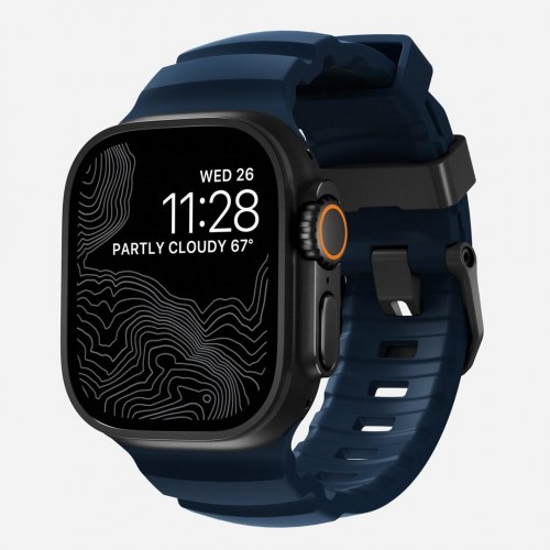 Nomad Rocky Point rem - sort læder og titanium, Atlantic Blue spænde (til Apple Watch)