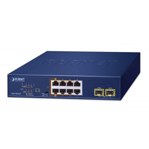PLANET GSD-1022UP - 8-port Gigabit PoE-switch + 2 SFP, unmanaged - Blå