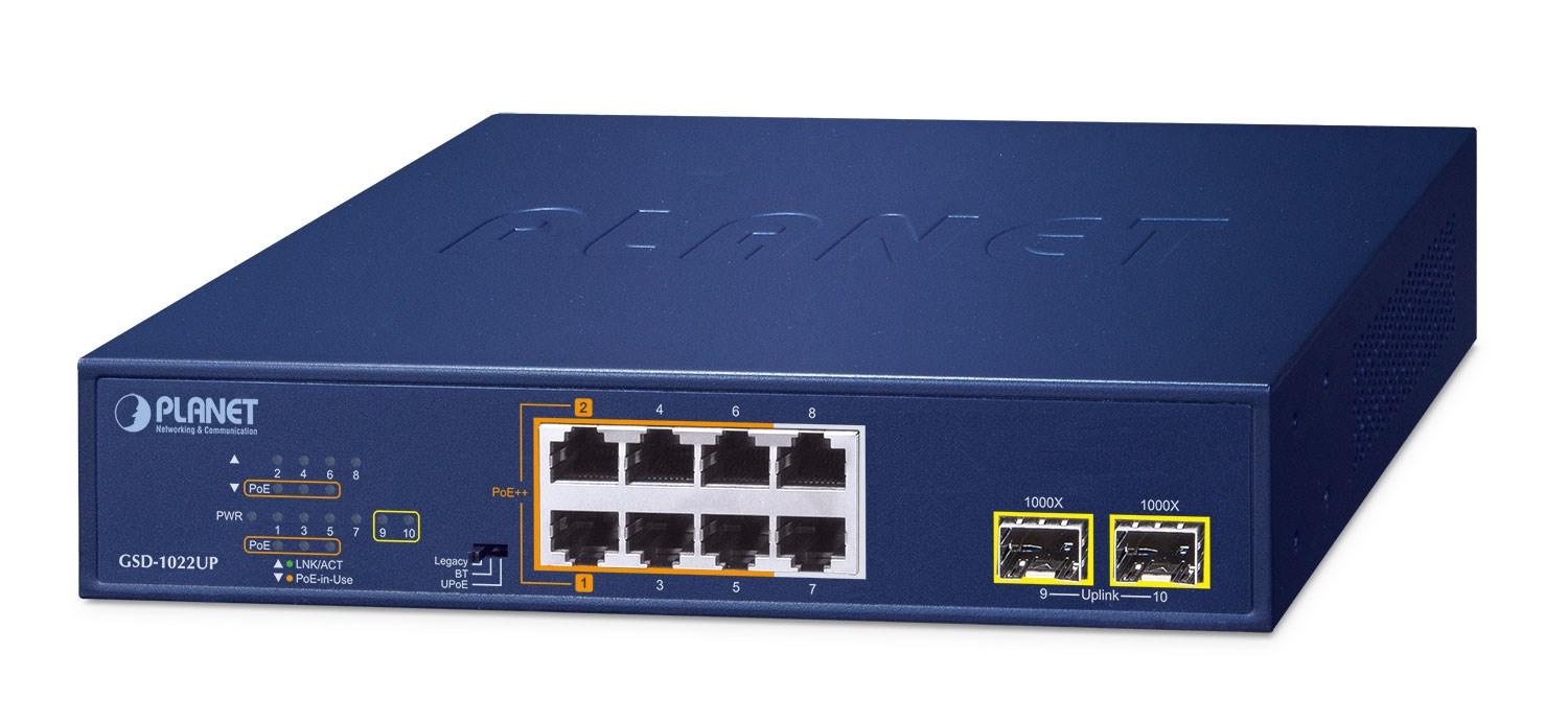 PLANET GSD-1022UP - 8-port Gigabit PoE-switch + 2 SFP, unmanaged - Blå