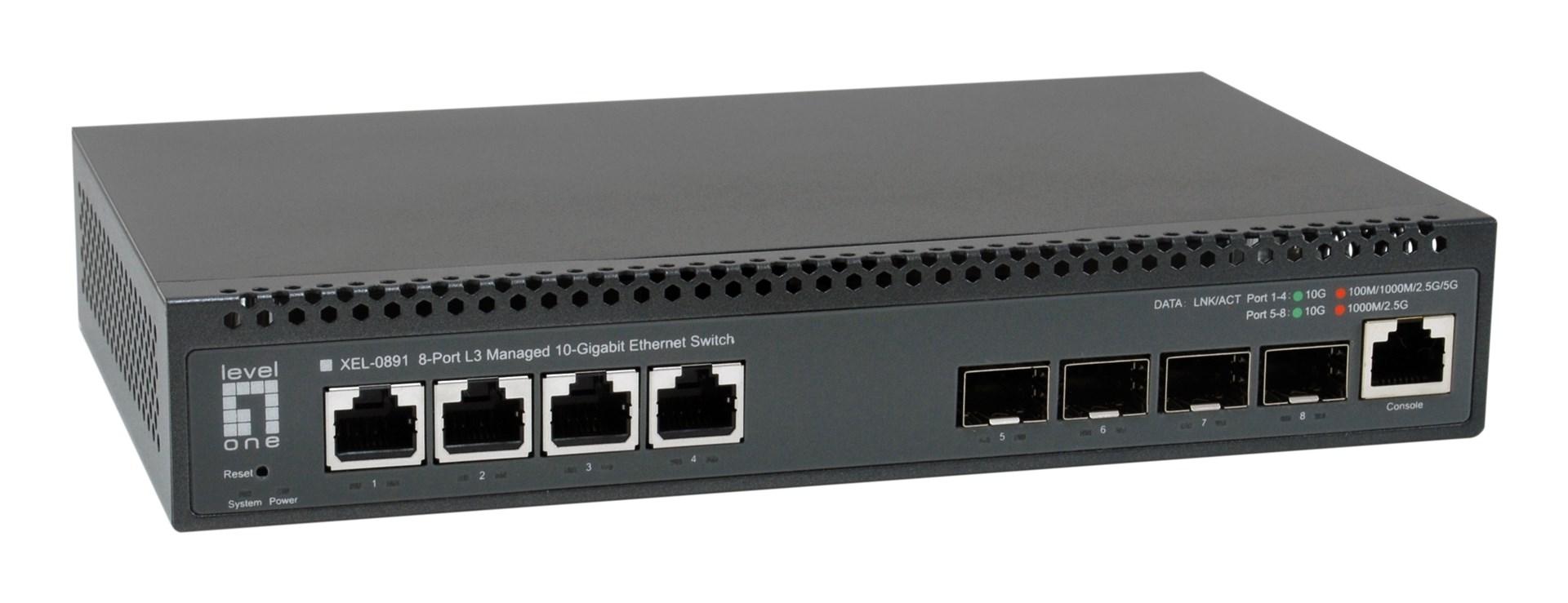 LevelOne XEL-0891 - 8-port L3 administreret 10‑Gigabit switch med 4× RJ45 1G/2,5G/5G/10G og 4× SFP+ 1G/2,5G/10G uplinks