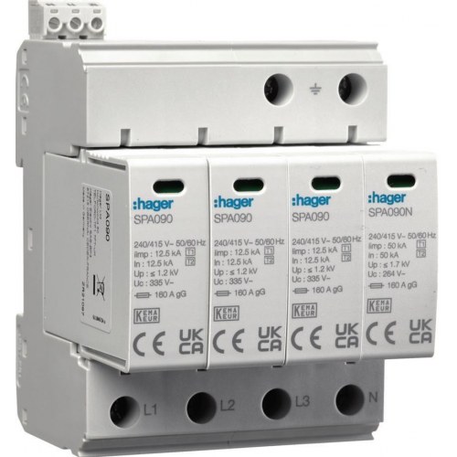 Hager SPA931 overspændingsbeskyttelse T1+T2 (B+C) - 4-polet, 12,5/50 kA, 1,5 kV, TN-S