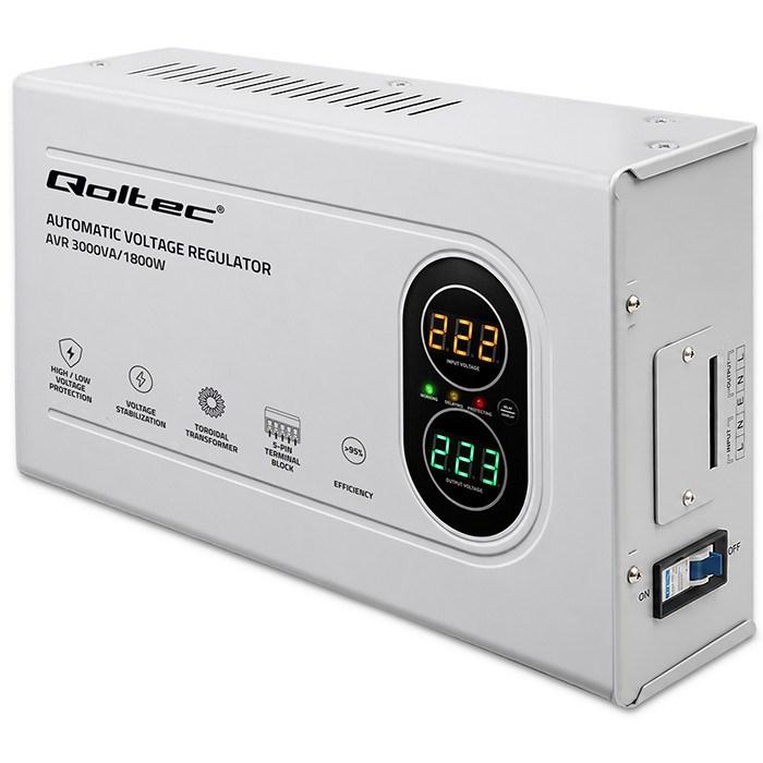 Qoltec automatisk spændingsstabilisator AVR 3000 VA / 1.800 W - kompakt med toroidal transformer
