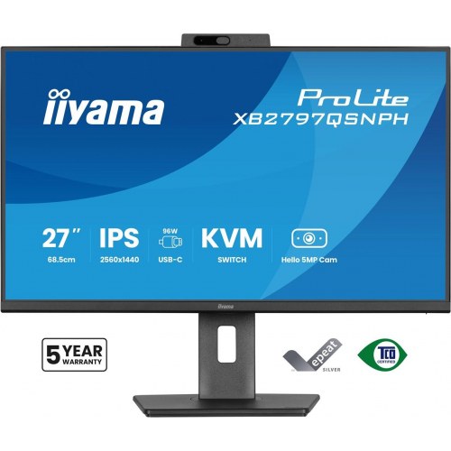 iiyama ProLite XB2797QSNPH-B1 - 27" IPS skærm, QHD, USB‑C 96 W, KVM, 5 MP webcam - Sort