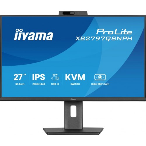 iiyama ProLite XB2797QSNPH-B1 - 27" IPS skærm, QHD, USB‑C 96 W, KVM, 5 MP webcam - Sort